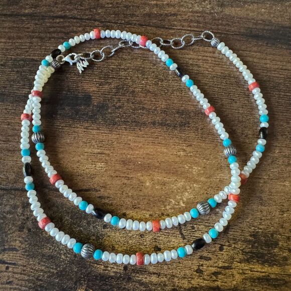 Vintage Carolyn Pollack Pearl Necklace Red Coral Turquoise American West 24" - Picture 6 of 14